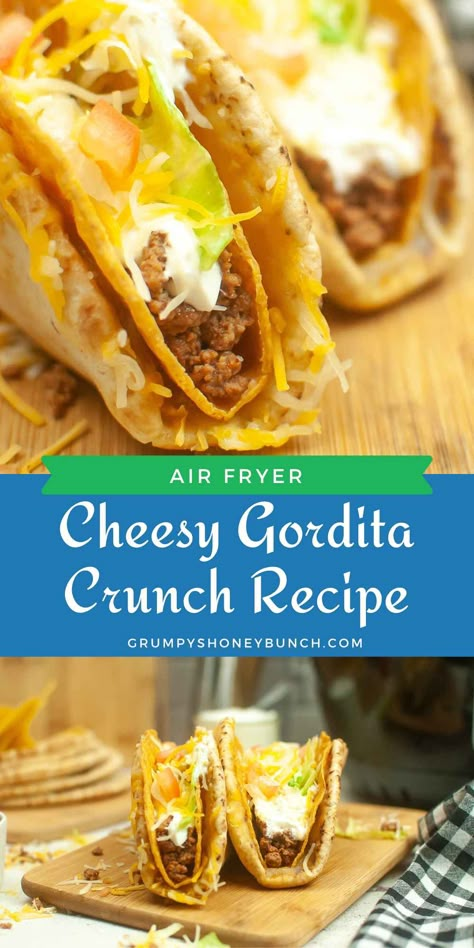 Taco Bell Cheesy Gordita Crunch Beefy Cheese Melt Taco Bell, Gorditas Recipe, Crunchy Taco Shells, Taco Ideas, Air Fryer Tips, Taco Shell, Crunch Recipe, Cheese Tacos, Counting Macros