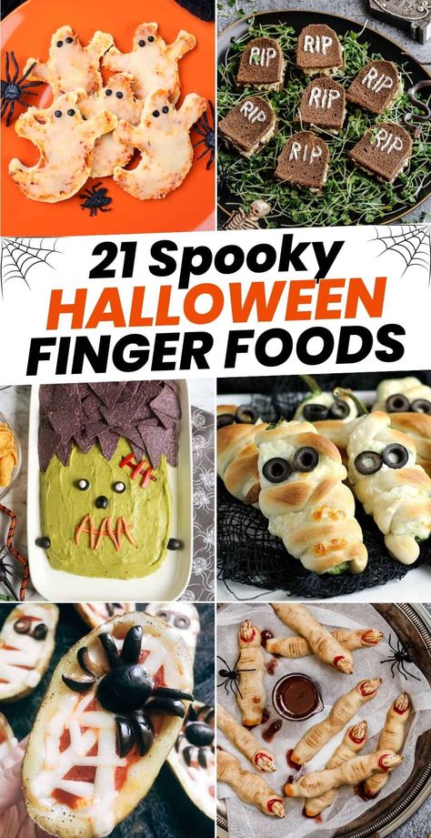 Planning your next Halloween party and looking for the perfect Halloween party food? Look no further! We've cooked up a collection of the best Halloween finger food recipes, appetizers, and spooky snacks that are sure to fright and delight. Spooky Finger Food Ideas, Healthy Halloween Finger Foods, Spooky Finger Foods For Halloween Party, Halloween Recipes Appetizers Fun, Halloween Party App Ideas, Finger Food Halloween Ideas, Friday 13th Food Ideas, Food For Halloween Party Appetizers, Halloween Food Ideas Appetizers