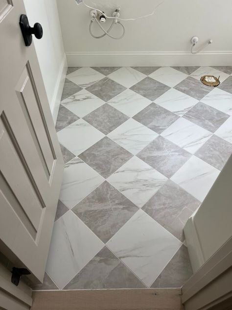 How to Install the Perfect Tile Checkered Floor - haus & hand Tile Checkered Floor, Checkerboard Bathroom Floor, Diamond Tile Floor, Checkerboard Bathroom, Chequered Floor, Checkered Floor Kitchen, Checkered Floor, Laundry Room Flooring, Floor Bathroom