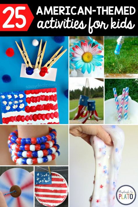 These 25 American-themed activities for kids include engaging math, science, literacy and crafts. Kids will love these 4th of July activities! Perfect for toddlers all the way through upper elementary! #4thofjulyactivities July Activities For Kids, Number Games For Kids, Lesson Plans For Kindergarten, 4th Of July Activities, Independence Day Activities, Patriotic Activities, Fourth Of July Crafts For Kids, July Activities, Summer Camp Themes