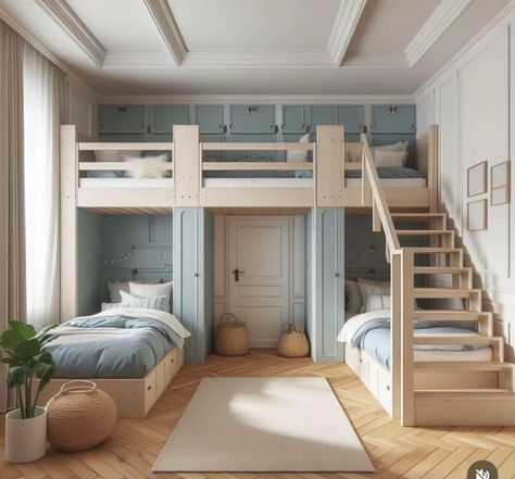 Three Girls Bedroom Ideas, Up Bed Ideas, 3 Level Bunk Beds, Triple Bunk Room, 3 High Built In Bunk Beds, Special Rooms In House, Guest Room With Multiple Beds, Triple Bunk Bed Ideas For Small Rooms, Large Bunk Room