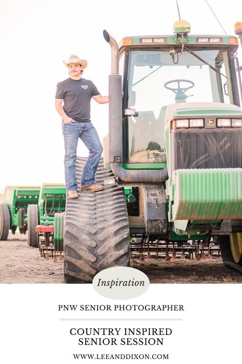 Country Inspired Senior Session and poses on tractor in Salem, OR | Salem Senior Photography Team Lee & Dixon Studios Farmer Senior Pictures, Senior Tractor Pictures, Senior Picture Tractor, Farm Senior Picture Ideas, Senior Pictures With Tractors, Tractor Photoshoot, Senior Picture Ideas For Guys 4 Wheeler, Farm Senior Pictures Boy, Senior Farm Pictures Boys