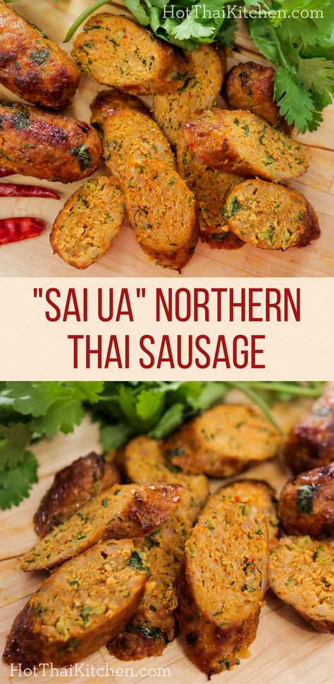 Authentic northern style Thai spicy pork sausage is full of herbs and flavour! I also show you an easy way to make sausages without having to deal with stuffing them into casings. #thaifood #sausage #thairecipe #pork #grilling Unique Sausage Recipes, Thai Sausage, Vietnamese Sausage, Lao Recipes, Hot Thai Kitchen, Cocktail Weenies, Thai Recipes Authentic, Vietnamese Grilled Pork, Pork Sausage Recipes