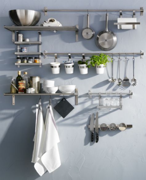 GRUNDTAL series offers space saving stainless steel organization in so many ways. Kitchen Countertops Organization, Organiser Cucina, Kitchen Wall Storage, Kitchen Ikea, Ikea Shelves, Metal Kitchen, Ikea Kitchen, Tiny Kitchen, Trendy Kitchen