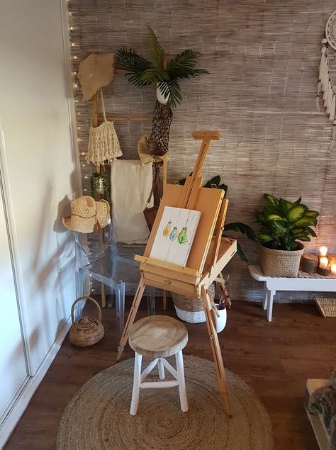 cheys art easel boho room Art Easel Living Room, Easel In Living Room, Easel In Bedroom, Easel Decoration Ideas For Home, Dungeon Room, Meditation Rooms, Art Easel, Boho Room, Meditation Room