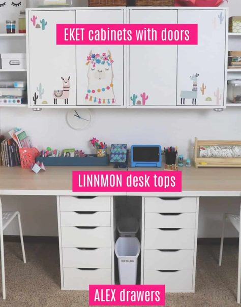 Ikea playroom desk for kids. Organize a kids space for school or play with these Ikea hacks and easy set up. #organize #playroom #ikea Kids Playroom Art Desk, Ikea Playroom Desk, Playroom With Desks, Craft Area For Kids, Ikea Kids Desk, Kids Art Corner, Playroom Desk, Ikea Linnmon Desk, Linnmon Desk