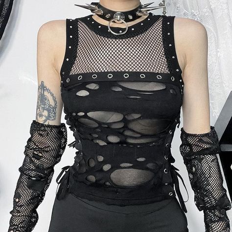 Crewneck fishnet buckle hollow out lace up tank cut out top Satanic Outfits, Fishnet Outfit, Crop Top Suit, Halloween Crop Top, Punk Top, Party Crop Tops, Halloween Skirt, Fishnet Top, Rave Party