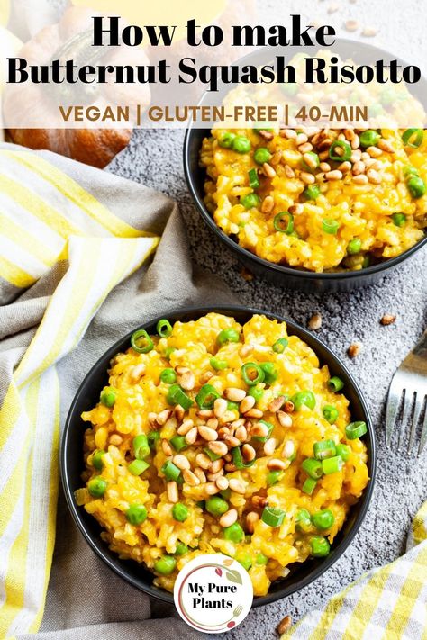 If you want to give vegan risotto a try, you should check out this delicious Vegan Butternut Squash Risotto recipe. It is easy to make as part of the job is done by the oven. This risotto is aromatic, creamy, and rich, made with Arborio rice, sweet butternut squash, green peas, and roasted pine nuts. Vegan Risotto, Vegan Butternut Squash, Great Vegan Recipes, How To Make Risotto, Squash Risotto, Butternut Squash Risotto, Vegan Thanksgiving Recipes, Risotto Recipe, Arborio Rice