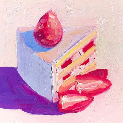 This is an oil painting by Julia Claire, a Los Angeles based artist. It is of white cake with strawberries on a white background. Cake Oil Pastel, Pieces Painting, Advanced Higher Art, Thick Paint, Still Lifes, Painted Cakes, Cake Slice, Painting Artist, Freelance Artist