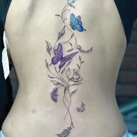 Blue Purple Color Butterflies Insect & Flowers Fine Line Tattoo Idea & Design on Woman Back Blue Purple Butterflies & Flowers Tattoo Done At Butterflies Flowers Tattoo, Flowers Fine Line Tattoo, Fine Line Tattoo, Blue Tattoo, Butterflies Flowers, Flowers Tattoo, Line Tattoo, Yellow Sun, Idea Design