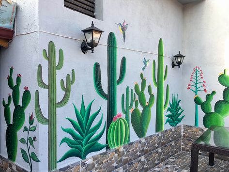 Backyard Mural Ideas, Cactus Mural, Backyard Wall, Outside House Colors, Arizona Decor, Doodle Wall, Wall Murals Diy, Cinder Block Walls, Selfie Wall