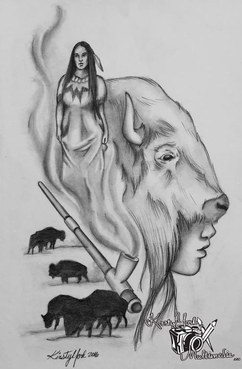 Native Woman Drawing, White Buffalo Tattoo, Buffalo Drawing, White Buffalo Woman, White Buffalo Calf Woman, Native Drawings, Native American Art Projects, Buffalo Tattoo, Native American Tattoo Designs