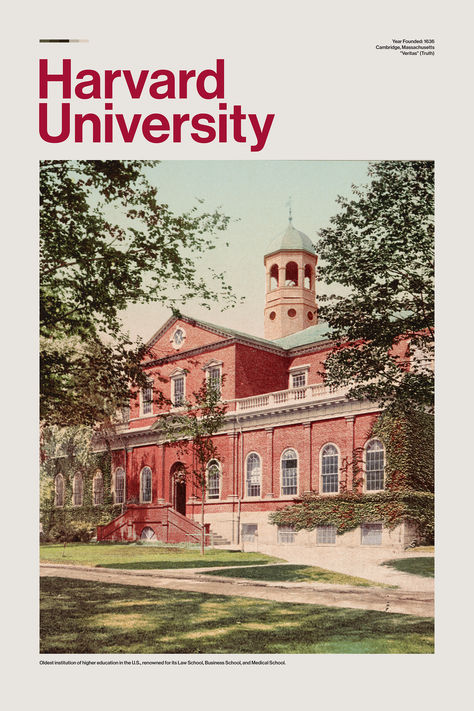 Enhance your home or office with this elegant minimalist poster featuring Harvard University. This artwork showcases a vintage illustration of one of Harvard's iconic buildings, accompanied by essential details such as the founding year, location, and the university's motto. #harvard #university #poster #vintage #wallart #college #decor #minimalist #historic Harvard Poster Aesthetic, Harvard University Poster, University Poster Design Ideas, Harvard Poster, Harvard Wallpaper, Vintage College Aesthetic, Harvard University Aesthetic, Vintage School Posters, Harvard Logo