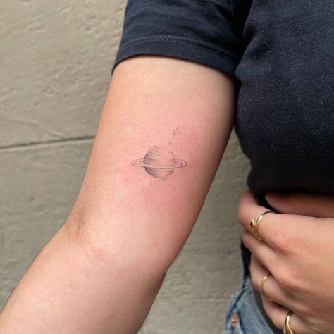 Disco Saturn Tattoo, Saturn Line Tattoo, Realistic Saturn Tattoo, Saturn Tattoo Fine Line, Saturn Small Tattoo, Single Arm Tattoo, Saturn And Stars Tattoo, Fine Line Saturn Tattoo, Saturn Sleeping At Last Tattoo