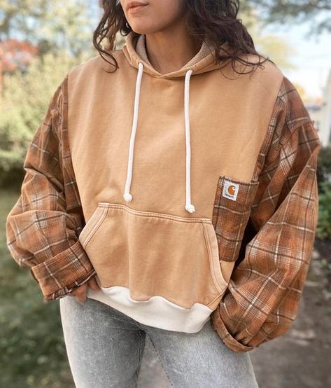 Reworked Carhartt Hoodie, Hoodie And Flannel Diy, Thrift Flip Flannel, Flannel Sweatshirt Diy, Hoodie Thrift Flip, Sweatshirt Flannel Upcycle, Old Sweatshirt Ideas, Thrifted Hoodies, Diy Hoodie Refashion