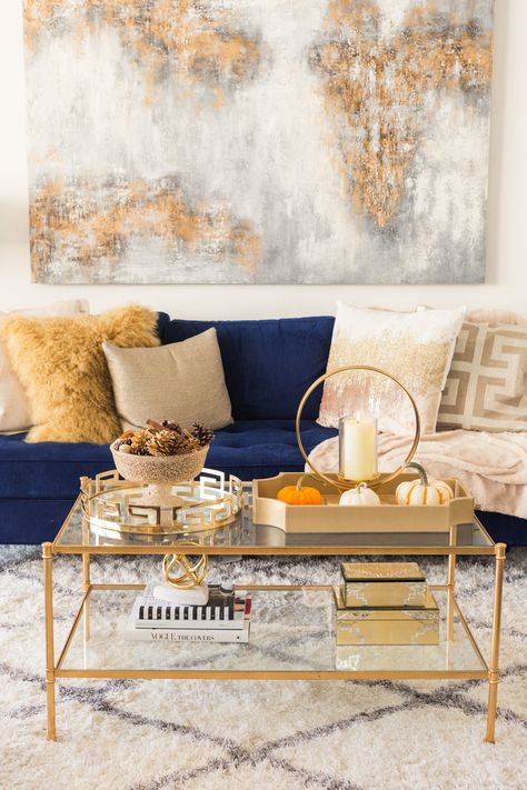 Z Gallerie Fall Decor Ideas by Popular Lifestyle Blogger Laura Lily, Coffee Table Inspo Blue And Gold Living Room, Large Living Room Furniture, Blue Living Room Decor, Gold Living Room, Fall Decor Ideas, Z Gallerie, Simple Living Room, White Living Room, Blue Living Room