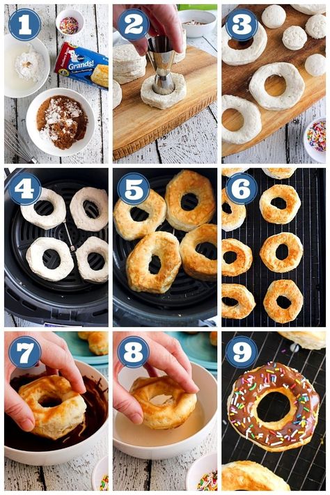 Air Fryer Biscuit Donuts | The Two Bite Club | #airfryer #donuts Air Fryer Doughnut Recipe, Donuts Fried, Air Fry Donuts, Air Fryer Donuts, Cinnamon Sugar Recipes, Biscuit Donuts, Donut Calories, Easy Donut Recipe, Baking Recipes For Kids