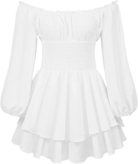 Amazon.com: Fabumily Women Puff Sleeve Romper Off Shoulder Ruffle Dress with Shorts Long Sleeve Flowy Layered Pirate Jumpsuit Playsuits (A1 White, S) : Clothing, Shoes & Jewelry Shoulder Ruffle Dress, Jumpsuit Casual, Lace Jumpsuit, High Waist Fashion, Ruffle Romper, Fairy Dress, Long Sleeve Jumpsuit, Hipster Fashion, Casual Jumpsuit