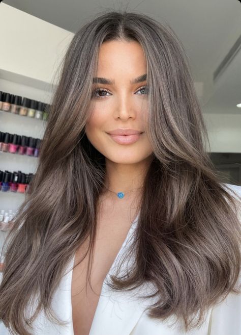 Hair Color Latina Skin, Cool Tone Brown Hair With Money Piece, Cool Hair Tones Brunettes, Soft Summer Brunette Hair, Ashy Gray Brown Hair, Level 7 Ash Brown, Ash Brown Hair Blue Eyes, Light Frosted Brown Hair, Hair Color Ideas Blue Eyes