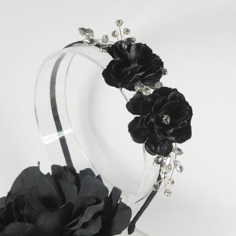 Black flower headband, Gothic bridal hair piece, Bridesmaid headpiece, Wedding tiara crown, Halloween party hairpiece, Head piece for bride Handmade Gothic Headpiece For Party, Gothic Headpiece, Black Gothic Headband For Masquerade, Gothic Adjustable Wedding Headpiece, Gothic Headband Headpiece For Costume, Handmade Adjustable Gothic Headpieces, Bridesmaid Headpiece, Black Flowers, Wedding Tiara