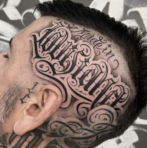 Head Lettering Tattoo, Top Of Head Tattoo, Neck Lettering Tattoo, Side Head Tattoo, Cool Face Tattoos, Mens Face Tattoos, Last Name Tattoos, Tattoo Lettering Alphabet, Painless Tattoo