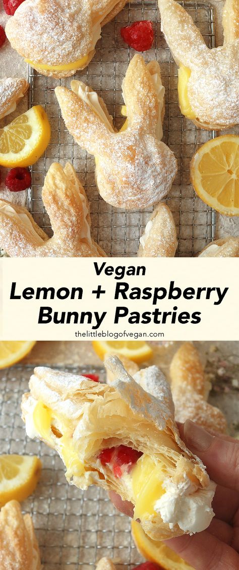 Pinterest pin of puff pastry bunnies Easter Puff Pastry, Vegan Pastries, Vegan Easter, Vegan Baking Recipes, Lemon Raspberry, Vegan Dessert Recipes, Vegan Treats, Vegan Sweets, Pastry Recipes