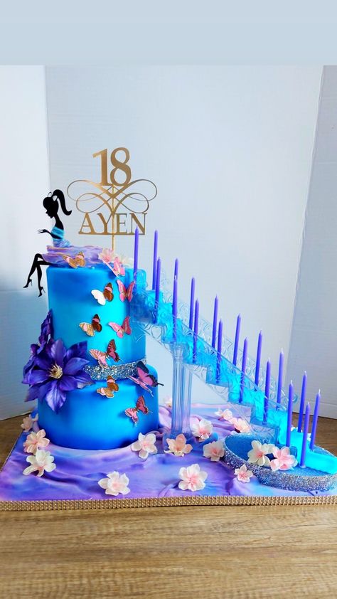 18th birthday cake with stairs. Cake With Stairs Design, Design For 18th Birthday Party, Cake For Debut Birthday, Blue Debut Cake, Debut Cake Ideas, Debut Cake Design, Cake Designs 18th Birthday, Debutant Cake, 18th Birthday Cake Blue