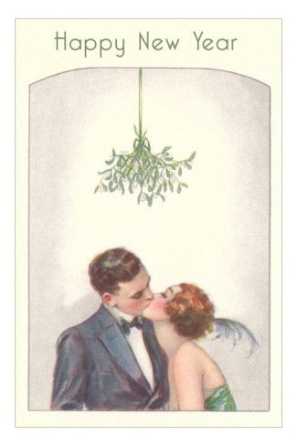 Happy New Year Couple, Kissing Under Mistletoe, New Year Couple, Vintage Happy New Year, New Year's Kiss, Happy New Year Card, New Year Postcard, Couple Kissing, A Happy New Year