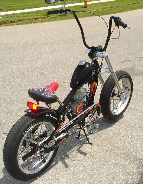 Custom built motorized bikes-gas & electric.High quality bikes that look cool, but have comfort in mind.Specializing in adult size OCC Schwinn choppers.We offer parts and kits to motorize your Schwinn chopper or regular bike.We sell bike accessories.We have our own line of custom machine billeted parts.We ship nationwide.Ask about shipping elsewhere. Bike Chopper, Triumph Chopper, Custom Moped, Custom Motorcycles Bobber, American Chopper, Bicycle Engine, Powered Bicycle, Adventure Quest, Motorised Bike