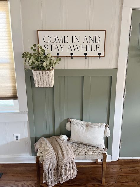 Evergreen Fog With Accent Wall, Green Accent Wall Entryway, Sage Green Foyer, Sw Elder White, Evergreen Fog Door, Small Doorway Ideas, Sw Eider White, Sw Evergreen Fog, Front Entry Decor