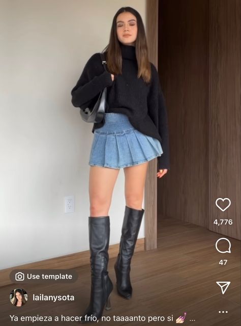 Canada Outfit Ideas Summer, Denim Skirt Fall Outfits Short, Short Denim Skirt Outfits Winter, Short Jean Skirt Outfits Winter, Winter Jean Skirt Outfits, Denim Skirt Outfit Short, Short Jean Skirt Outfits Fall, Denim Tennis Skirt Outfit, Winter Denim Skirt Outfit