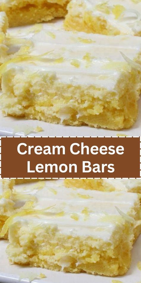 Lemon Bars With Icing, Lemon Cheese Bars, Lemon Cream Cheese Dessert Recipes, Lemon Bars With Pie Filling, Lemon Bars With Cream Cheese Frosting, Sunshine Lemon Cream Cheese Squares, Lemon Cream Cheese Muffins Recipes, Lemon Cake With Cream Cheese Frosting, Cream Cheese Pecan Bars