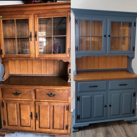 Buffet And Hutch Makeover, Hutch Painting Ideas, Green Hutch Makeover, Painting Hutch Ideas, Redo Hutch Ideas, Kitchen Hutch Ideas Farmhouse Style, Refurbished Buffet Cabinet, Refinished Hutch Ideas, Refurbished China Hutch