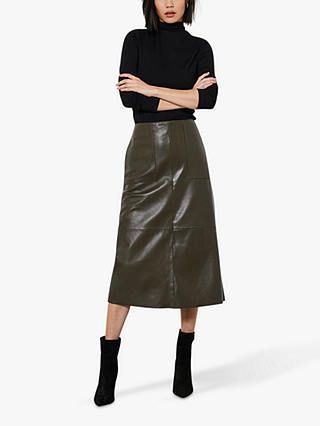 Mint Velvet Leather A-Line Midi Skirt, Khaki Velvet Midi Skirt Outfit, A Line Leather Skirt Outfit, A Line Leather Skirt, Velvet Midi Skirt, Leather Skirt Outfit, Leather Midi Skirt, Long Wool Coat, Fashion Buyer, Classic Coats