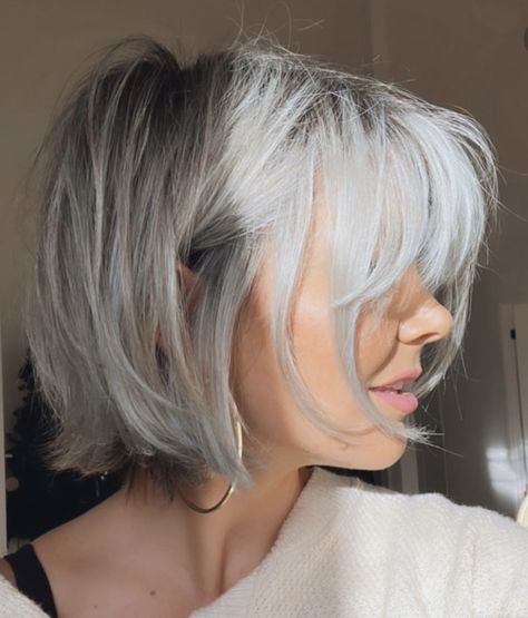 Short Messy Bob Choppy Layers, Icy Hair, Grey Hair With Bangs, Grey Bob Hairstyles, Grey Hair Inspiration, Textured Bob, Gray Hair Growing Out, Gray Hair Cuts, Chin Length Hair