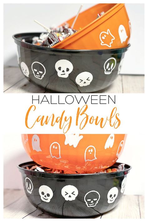 Add vinyl decals to plain bowls to turn them into fun candy bowls for trick or treating, or fill them up with popcorn for a halloween movie night, or use them for a halloween dinner or party. Trick Or Treat Bowl, Halloween Popcorn, Halloween Candy Bowl, Halloween Movie Night, Trick Or Treaters, Crafts Halloween, Halloween Movie, Halloween Dinner, Holiday Pins