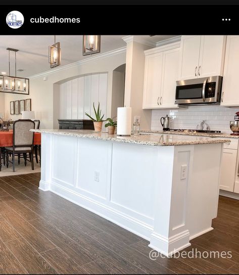 Kitchen Island With Support Post Shiplap, Wainscot Kitchen Island, Breakfast Bar Trim Ideas, Adding Molding To Kitchen Island, Kitchen Island Millwork, Trimmed Out Kitchen Island, Island Molding Ideas, Kitchen Island Moulding, Kitchen Island Wainscoting Ideas