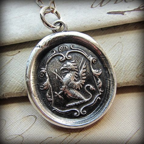 Griffin Crest Wax Seal Pendant  Necklace  by ShannonWestmeyer Head Wings, Heart Shaped Diamond Pendant, Heather Flower, Wax Seal Pendant, Seal Jewelry, Pave Heart Necklace, Wax Seal Jewelry, Good Luck Necklace, Simple Butterfly