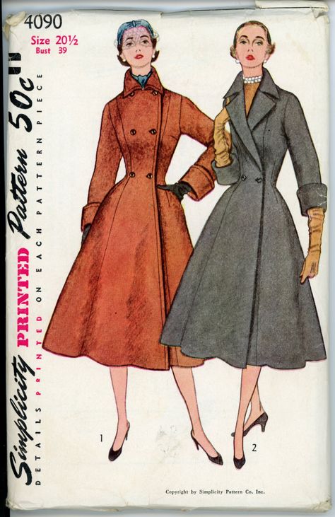 Simplicity 4090 B - Vintage Sewing Patterns Vintage Clothes Patterns, 1950s Sewing Patterns, Patron Vintage, Mode Retro, Fitted Coat, Vintage Dress Patterns, Fashion 1950s, Coat Style, Retro Mode