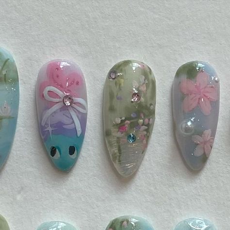 press on nails • nail design art on Instagram: "custom set ; bibble garden" Hand Painted Nails, How To Have Style, Pretty Gel Nails, Really Cute Nails, Soft Nails, Kawaii Nails, Nagel Inspo, Girl Things, Cat Kuku