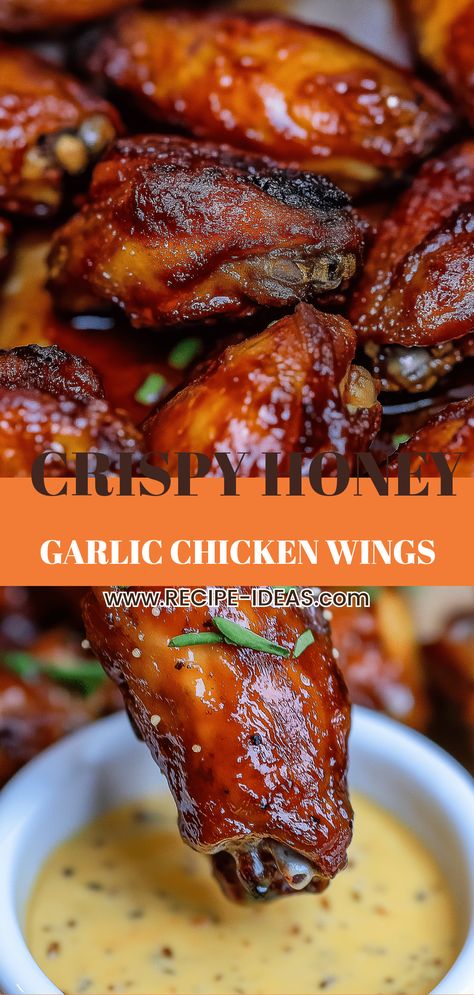 Enjoy the ultimate snack with these Honey Garlic Chicken Wings! These wings are wonderfully sticky, sweet, and crispy, making them the perfect addition to your game day spread or any gathering. Tossed in a homemade honey garlic sauce, they burst with delicious flavors that will have guests coming back for more. Whether you choose to fry or bake them, these wings are easy to make and satisfying to eat. Serve them with your favorite dipping sauces for an incredible finger-food experience that is sure to impress. Homemade Honey Garlic Sauce, Sweet And Spicy Wings, Sticky Wings Recipe, Crispy Honey Garlic Chicken, Homemade Appetizers, Honey Garlic Wings, Chicken Wings Crockpot, Teriyaki Wings, Fried Wings