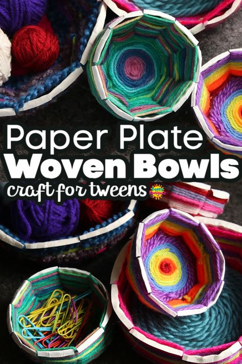 This easy weaving project is great for tweens and kids with intermediate fine-motor skills. These bowls are so pretty, and great for holding hair ties, trinkets and treasures etc. on a desk or a dresser. #HappyHooligans #PaperPlate #Weaving #Craft #Bowls #Tween #Crafts #YarnCrafft #Kids #Weave Ahg Tenderheart, Bowl Weaving, Paper Plate Weaving, Plate Weaving, Chumash Indians, Woven Bowl, Yarn Crafts For Kids, Happy Hooligans, Weaving For Kids