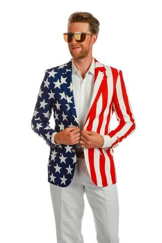 The New and Improved Tommy J American Flag Blazer - Shinesty American Flag Suit, Maroon Suit, American Flag Clothes, Seersucker Suit, Formal Mens Fashion, Party Suits, 4th Of July Outfits, Blue Vests, Usa Outfit