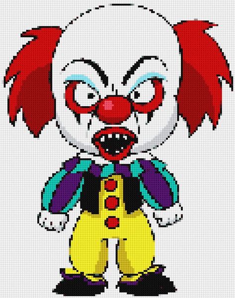 Pennywise Classic Ultimate Chibi cross stitch and plastic canvas Chibi Cross Stitch, Pixelart Minecraft, Video Game Pattern, Wooden Clothespin Crafts, Cross Stitch Quotes, Halloween Cross Stitch Patterns, Fair Isle Knitting Patterns, Halloween Beads, Halloween Cross Stitches