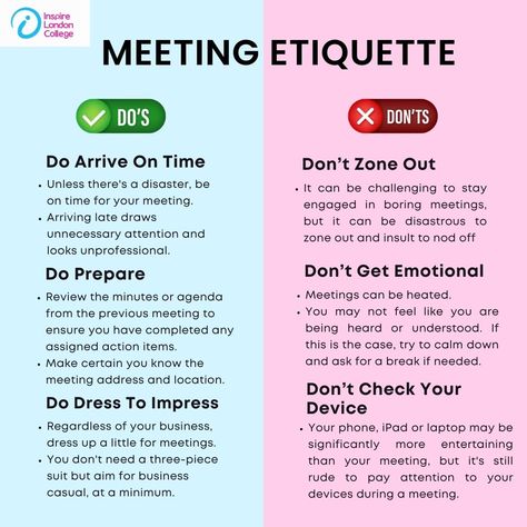 Meeting etiquette is important for making a great impression in the workplace. Here are some dos and don'ts to keep in mind. Do arrive on time, prepare beforehand, and dress appropriately to show respect. Don't zone out or get emotional during heated discussions, and avoid checking your devices, as it can come across as rude. Let's aim to make our meetings productive and professional! Workplace Vocabulary, Meeting Etiquette, Presentation Layouts, Meeting Ideas, Show Respect, Business Etiquette, London College, Dos And Don'ts, Presentation Layout