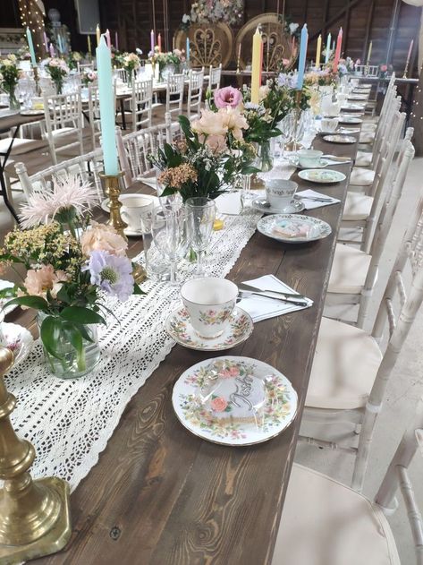 Afternoon Tea Wedding Reception, Afternoon Tea Wedding, Prosecco Bar, Hall Decorations, Tea Wedding, Barn Weddings, Pretty Cups, Tea Bar, Hall Decor