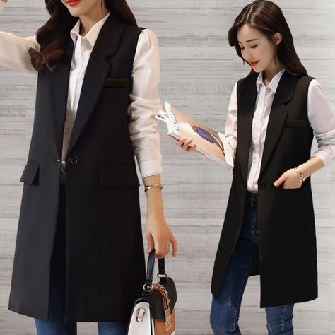 Sleeveless Coat Outfit, Waistcoat Outfit Women, Sleeveless Jackets For Women, Red Coat Outfit, Suit Vest Women, Black Long Jacket, Waistcoat Outfit, Long Sleeveless Vest, Vest Outfits For Women