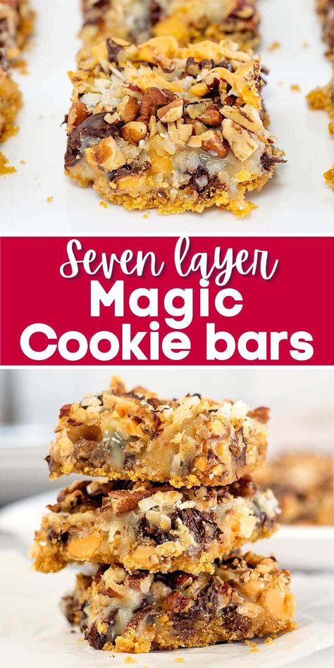 7 Layer Magic Cookie Bars are crunchy, chewy, and decadently sweet! Made using a rich mix of graham crackers, sweetened condensed milk, chocolate and butterscotch chips, coconut, and nuts, these easy-to-make bars are delightfully gooey and delicious! Graham Cracker Sweetened Condensed Milk, Magic Cookie Bars Eagle Brand, 7 Layer Magic Cookie Bars, Magic Cookie Bars, Magic Bars, Dessert Bar Recipe, Cookie Bar, Candy Recipes Homemade, Potluck Dishes