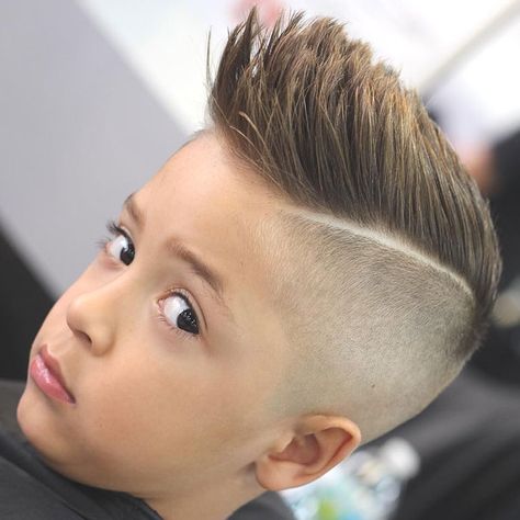 Mohawk Fade Haircut For Boys Boys Faux Hawk, Cool Kids Haircuts, Kids Haircut Styles, Kid Boy Haircuts, Boys Fade Haircut, Kids Hairstyles Boys