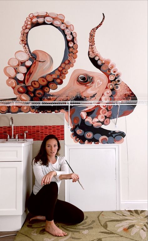 Crazy Wall Painting Ideas, Bedroom Murals Painted Diy, Monsters Painting, Jellyfish Wall Mural, Octopus Mural, Octopus Wall Painting, Octopus Wall Mural, Leaf Mural, Kraken Mural